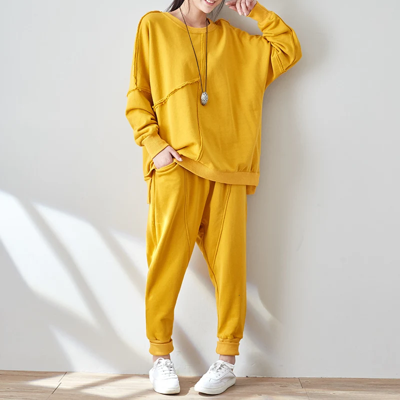 Осенний Новый комплект из 2 предметов желтый женский спортивный костюм