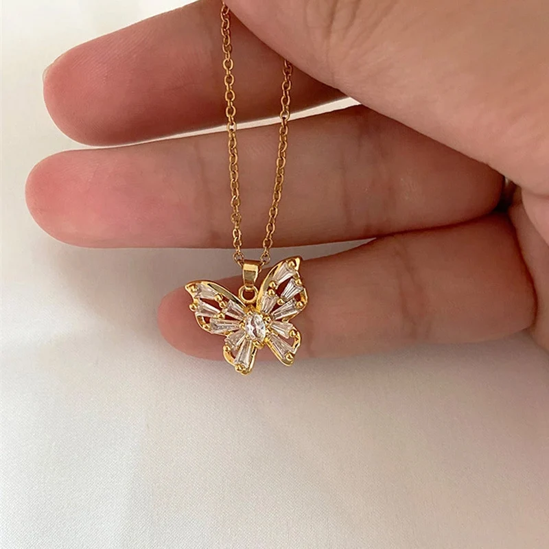 

Cute Zircon Butterfly Pendant Necklace Long Chain Necklace Choker for Women Fashion Fine Jewelry For Women Girl Best Gift BFF