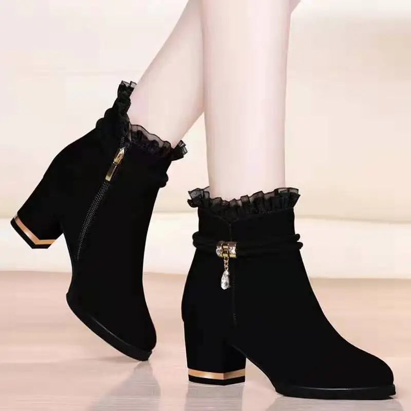 

2020 Winter Women Ankle Boots Faux Suede Chunky Boot gauze Designer Shoes Black High Heels Dress Shoes Sexy botas mujer