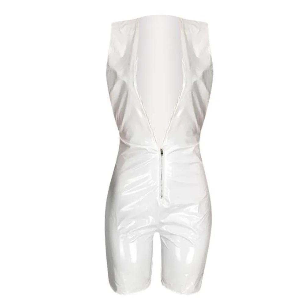 Women Jumpsuit Romper Bodycon Playsuit Shiny Wetlook PU Faux Leather Playsuits Shorts Party Clubwear Sexy Hollow Out Jumpsuit