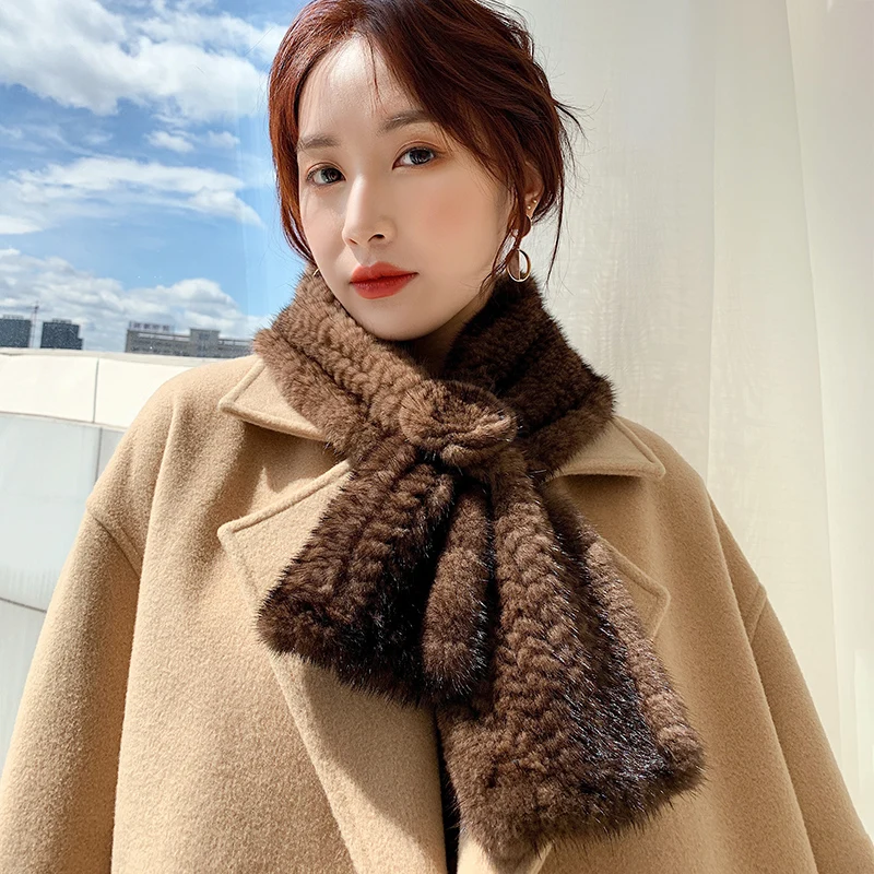 Lantafe шарф женский меховой с цветочным украшением из натурального меха Зимний