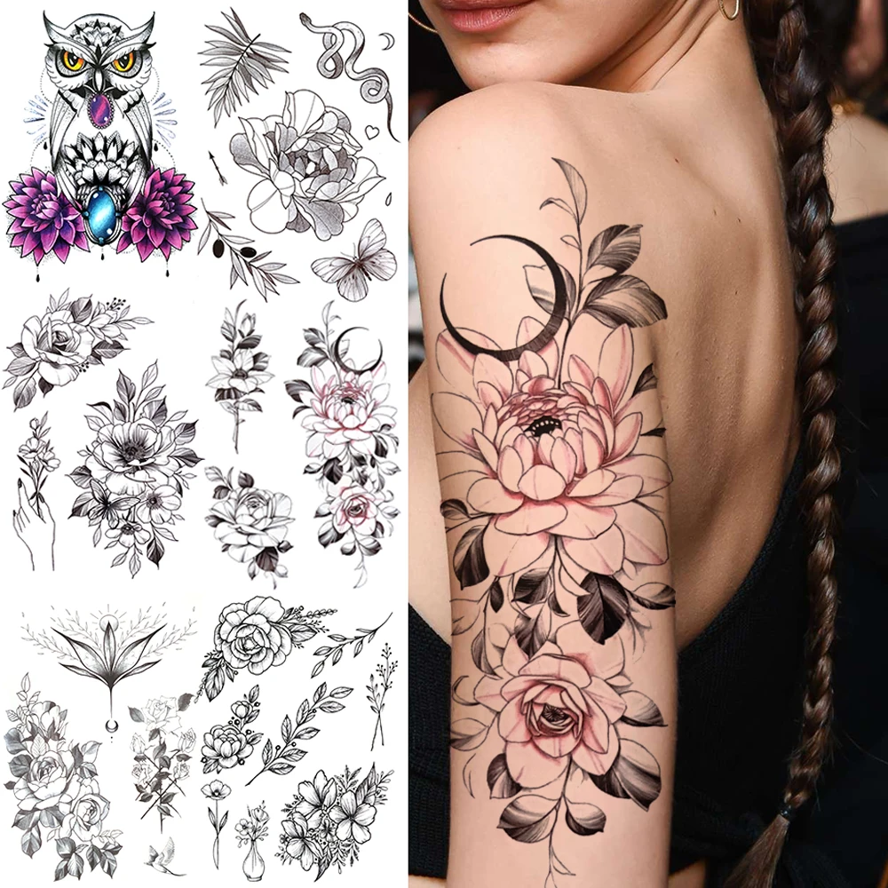 

Watercolor Moon Flower Temporary Tattoos For Women Adults Owl Gem Flora Rose Fake Realistic Tattoo Sticker DIY Chest Arm Tatoos