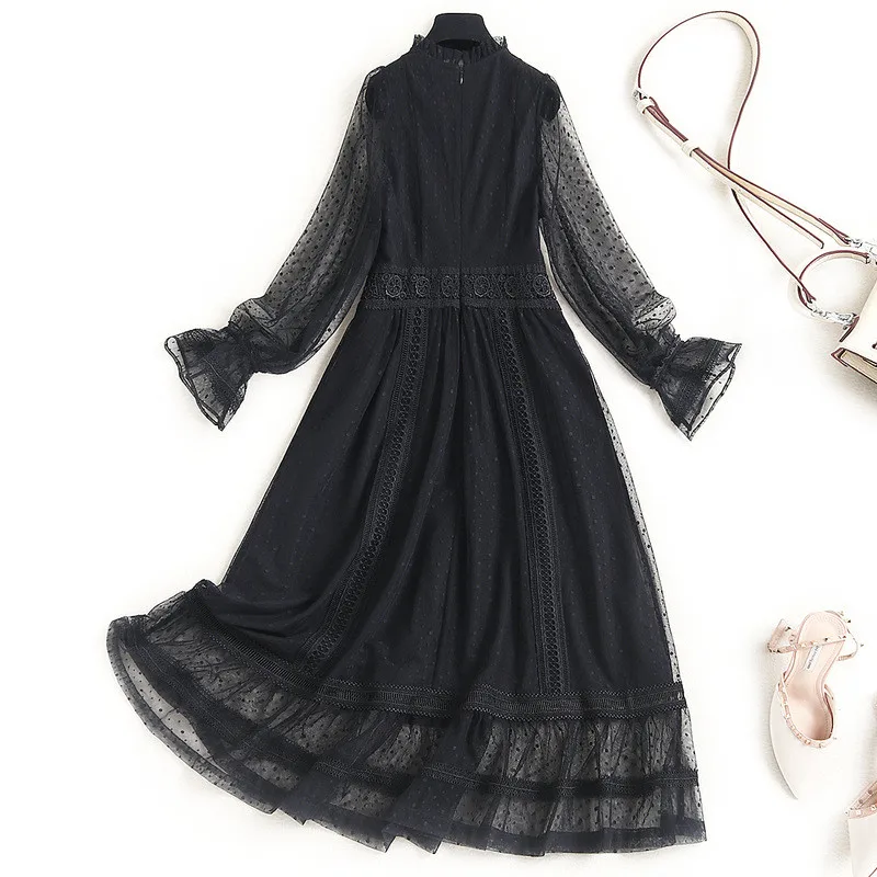 

Elegant Flare Sleeve Embroidery Black Mesh Dress Runway Designers Woman Spring Clothes Sexy Robe Femme Midi Party Vestidos