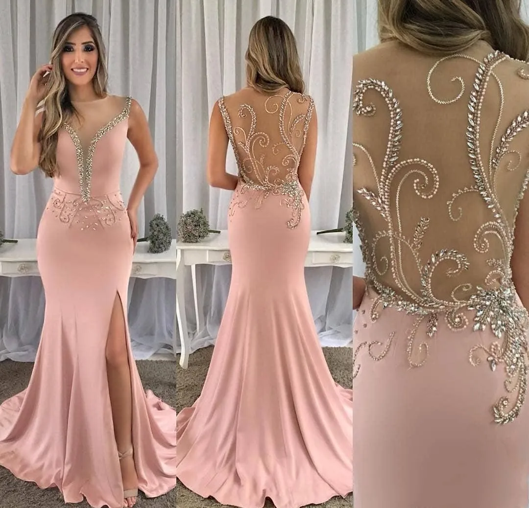 

2023 Sexy Dark Pink Evening Dress Beaded Long Holiday Wear Illusion Back Pageant Prom Party Gown Custom Made Robe De Soiree