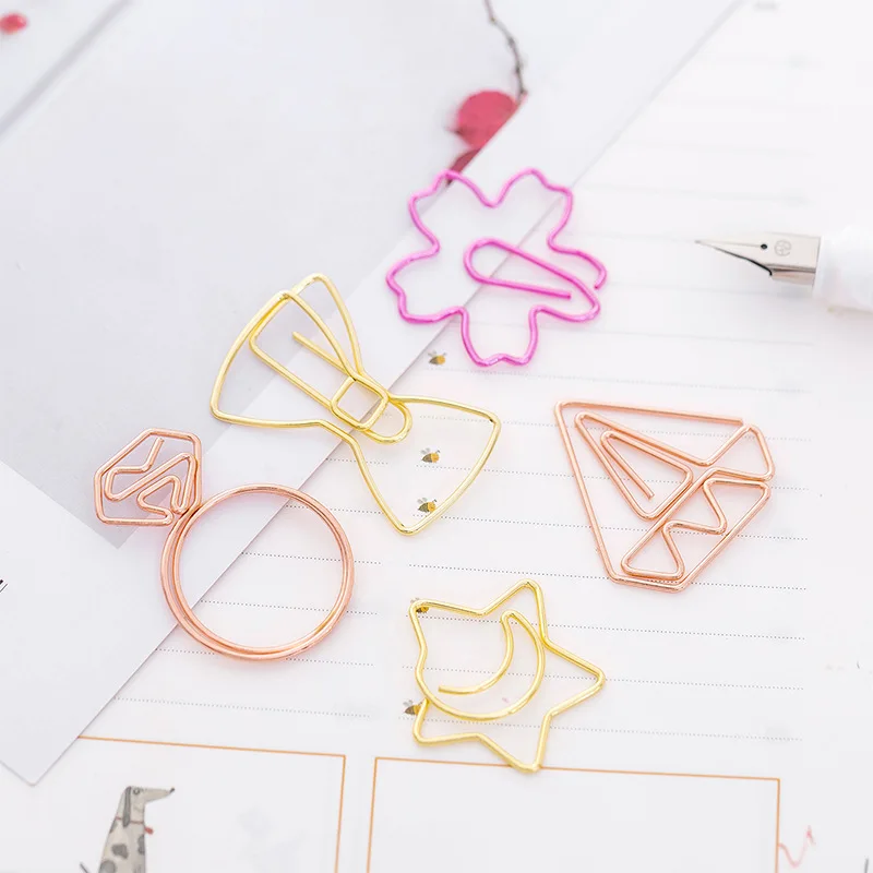 10pcs/lot Cute Cartoon Bookmark Paper Clip Rose Gold Paper Clip Simple Metal Shape Creative Student Bookmark Clip 