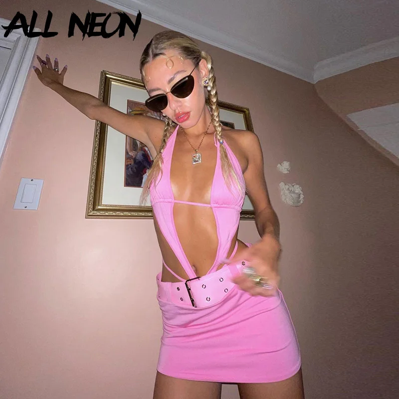 

ALLNeon Cyber Y2K Aesthetics Pink Deep V Bandage Halter Dresses 2000s Clubwear Sexy Backless Belted Hollow Out Party Dress Rave