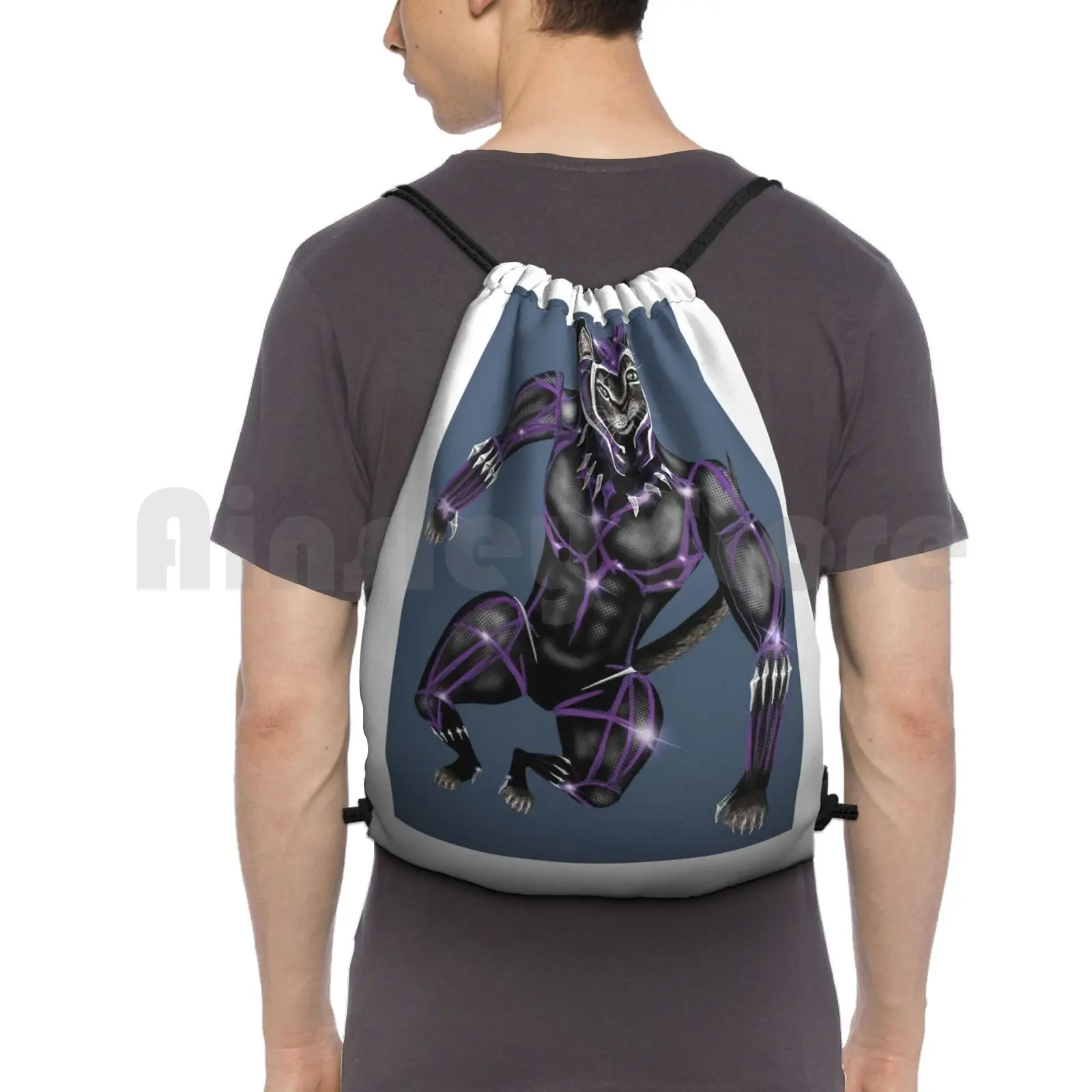 

Panther Backpack Drawstring Bags Gym Bag Waterproof Cat Tabby Chadwick Superhero