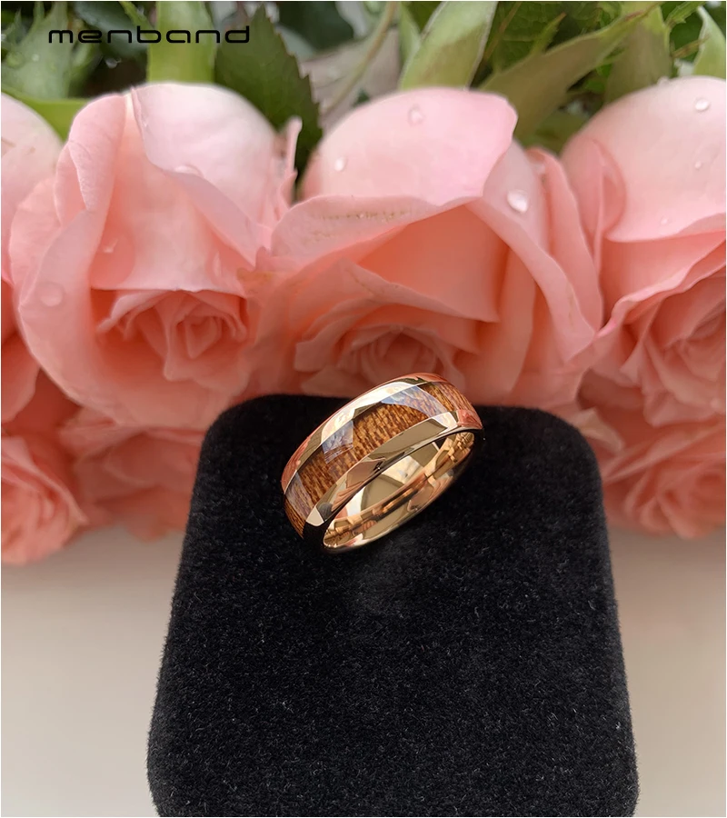 Rose Gold Tungsten Ring Wedding Band For Men Women With Koa Wood Inlay Domed Polished Comfort Fit 8MM | Украшения и аксессуары