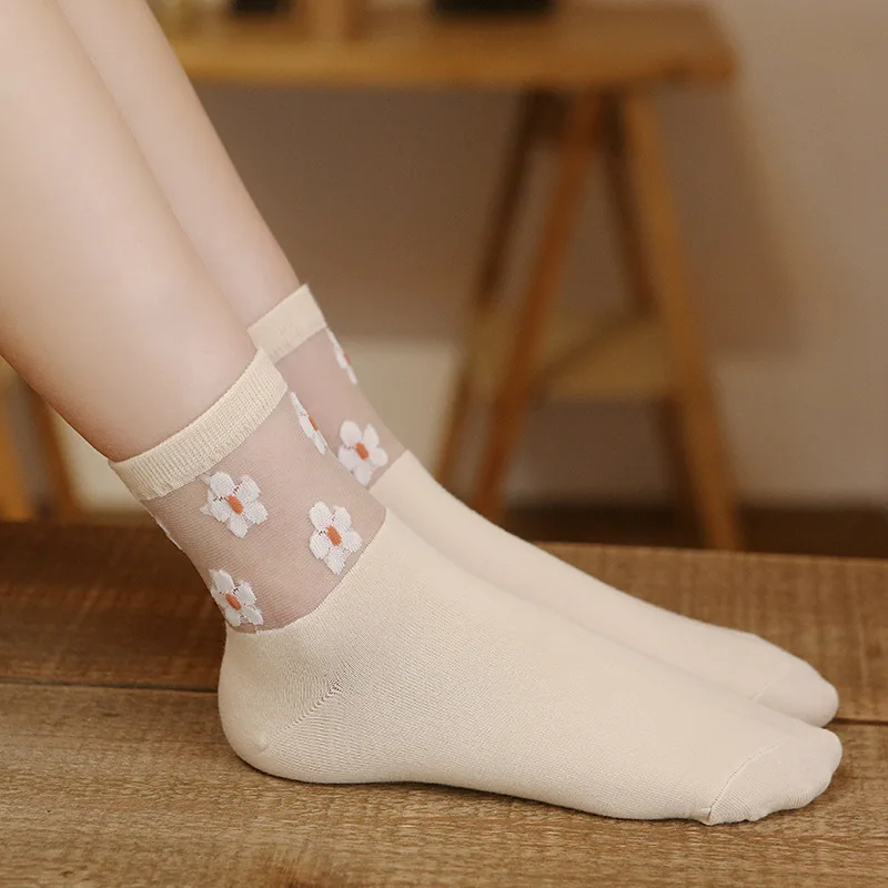 Весенние женские носки с цветами милые прозрачные хлопковые нескользящие тонкие