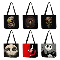 dark black cool skull print linen tote handbag eco reusable shopping bags for women traveling school shoulder bag foldable 6071