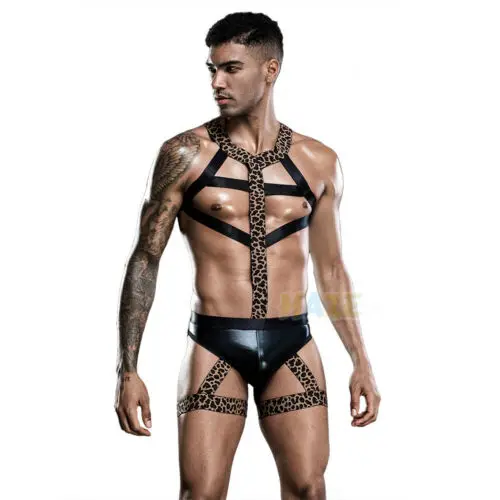 

Men‘s Sexy Leopard Chest Harness Bondage Nightclub Costume Tape Thong Underwear