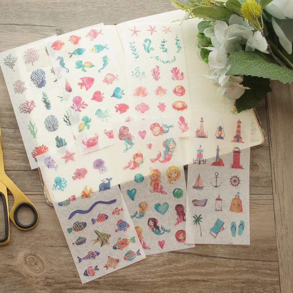 6 листов рыбы и русалки дизайн Васи бумажный стикер как Скрапбукинг DIY подарочная