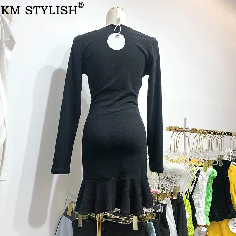 

Women's Clothings Sexy V-neck Black Ruffled Dress 2019 Autumn Vestidos Long Sleeve Drawstring Bag Hips Fishtail One-piece Dress