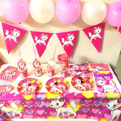 Воздушные шары с надписью «Кот Мари», бумажный баннер на тарелке, чашке, Розовая кошка для девочек, украшения для дня рождения, свадьбы, праз...