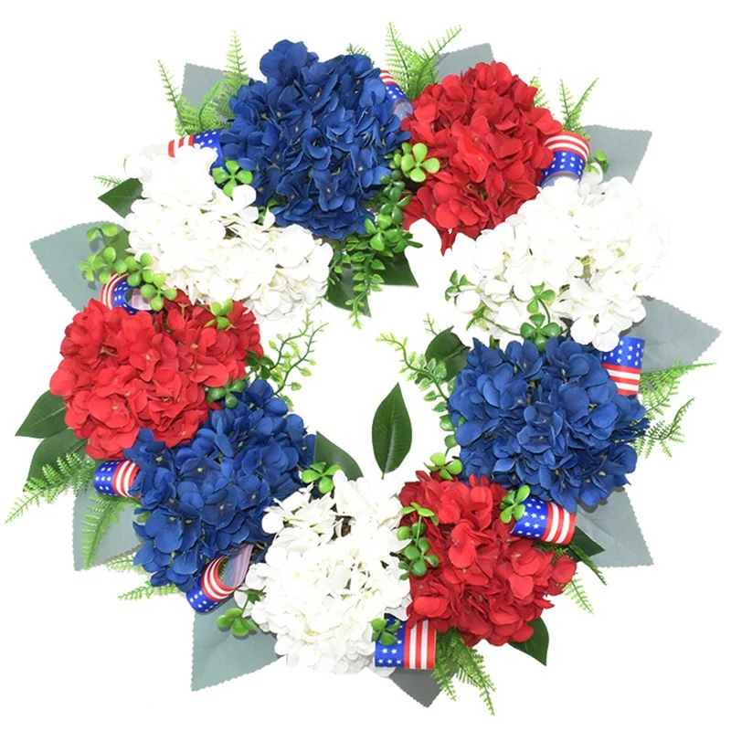 

Artificial Hydrangea Wreath American Patriotic Independence Day Usa July 4Th Decoration for Front Door Wall Window Decor