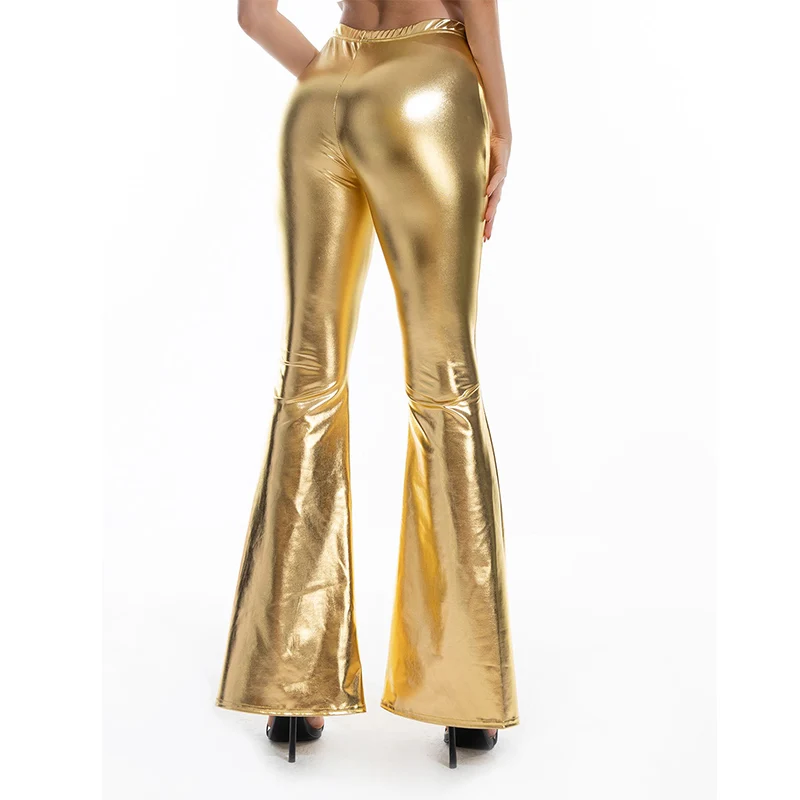 

TiaoBug Women Shiny Metallic Flare Long Pants Slim Trousers Stage Performance Jazz Dance Costume Nightclub Party Rave Clothing