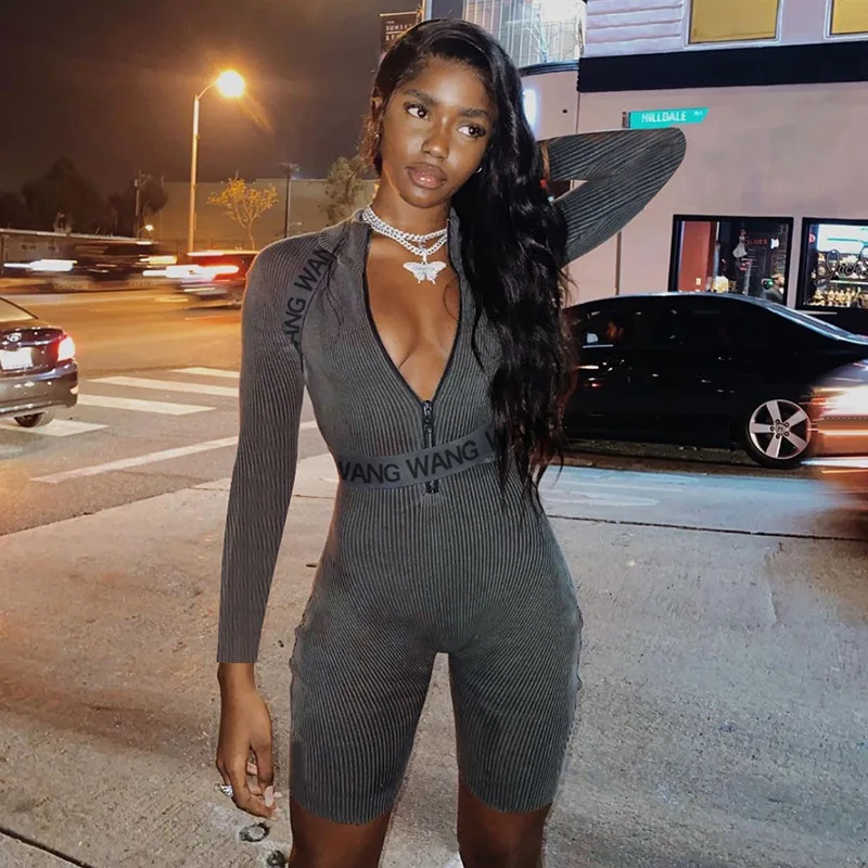 

Осень 2020, Модный женский комбинезон на молнии с надписью, спортивный костюм, вязаный облегающий эластичный женский комбинезон с длинным рук...