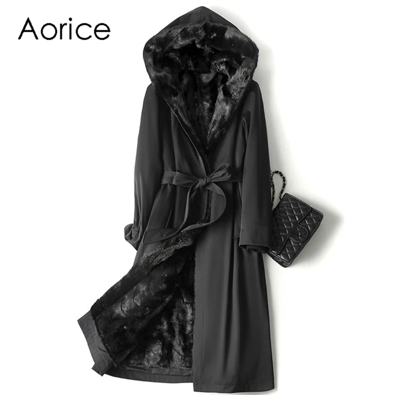 

A11008 Women Winter Warm Real Mink Fur Parka Coat Jacket Female Girl Lady Long Hooded Trench Overcoats