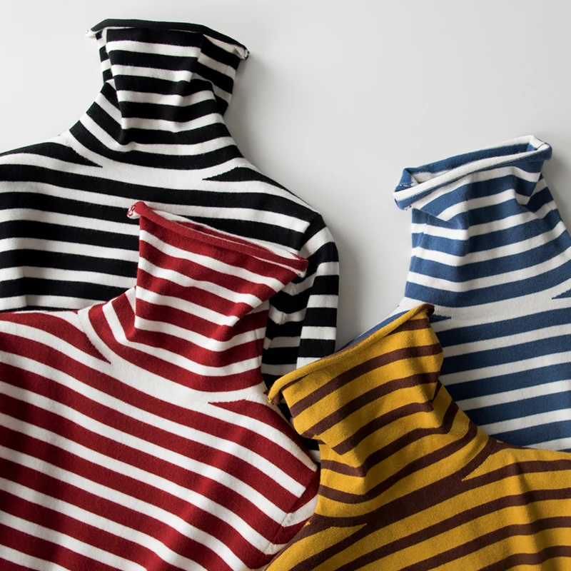 

Multicolor Autumn Winter Women Sweater Ladies Striped Knitted Jumper Tops Casual Warm Turtleneck Sweater Female Pullovers Women