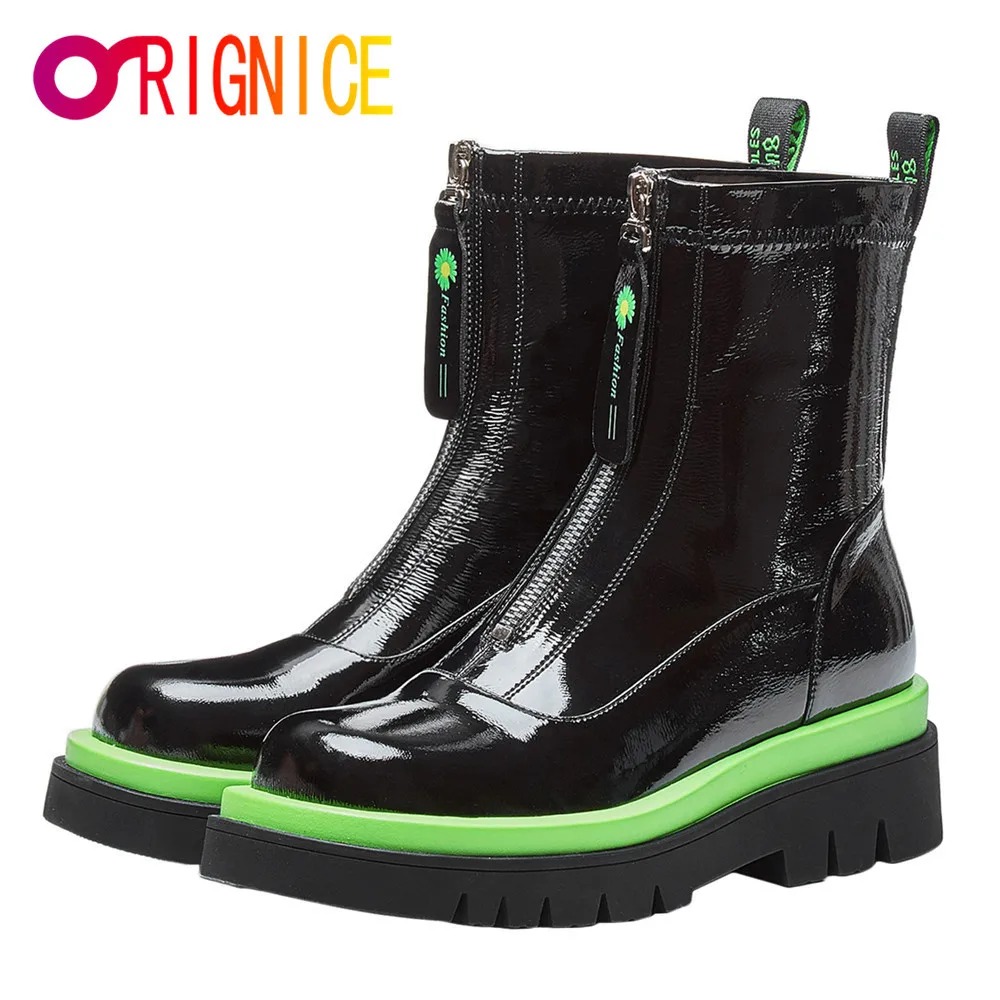 

Orignice Patent Cow Leather Flat Platform Thick Bottom Ankle Boots Women Round Toe Front Zipper Female Autumn Winter Casual Shoe