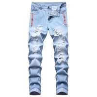 2022 new mens straight denim ripped jeans with zipper decoration mens denim trousers