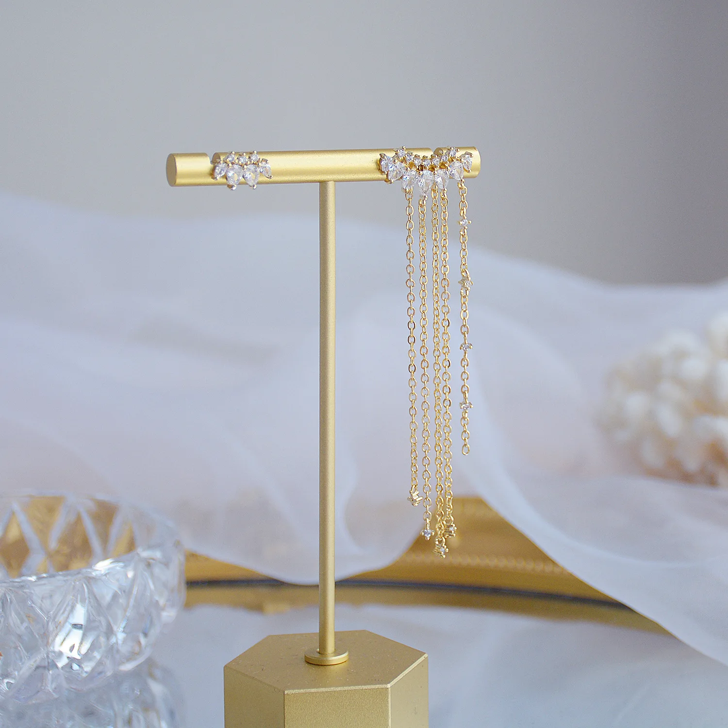 

14K Real Gold Asymmetric Design Long Tassel Zircon Korea Fashion Stud Earrings for Women Cubic Zircon ZC Earrings