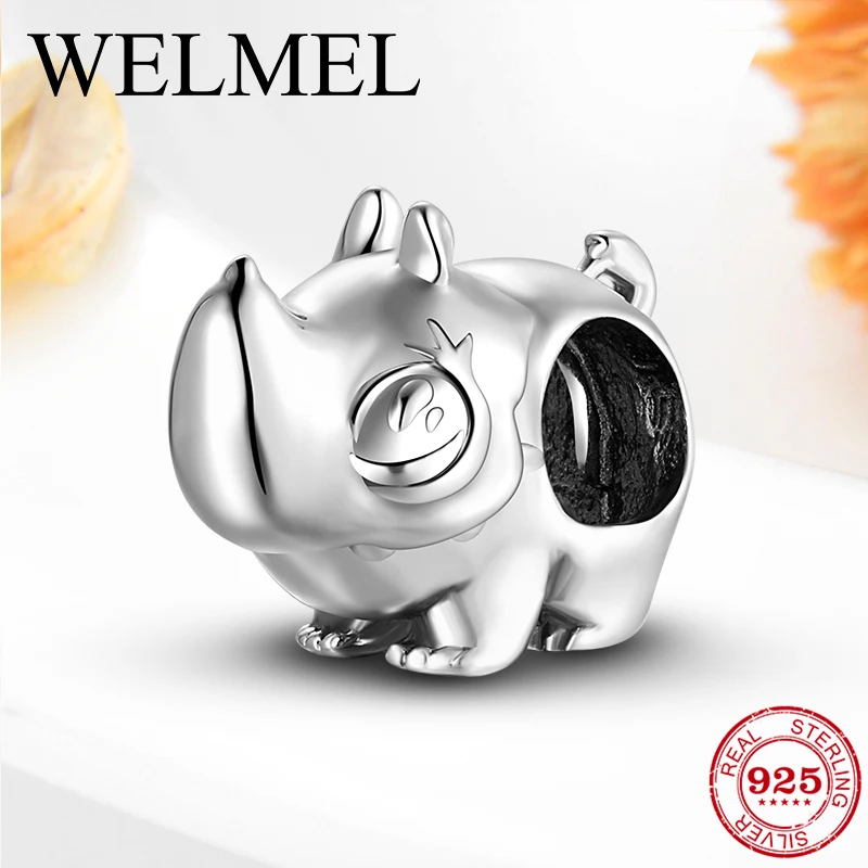 

New Animal series Rhino 925 Sterling Silver Charm Beads Accessories fits Original WELMEL DIY Bracelets Bangles Jewelry Making