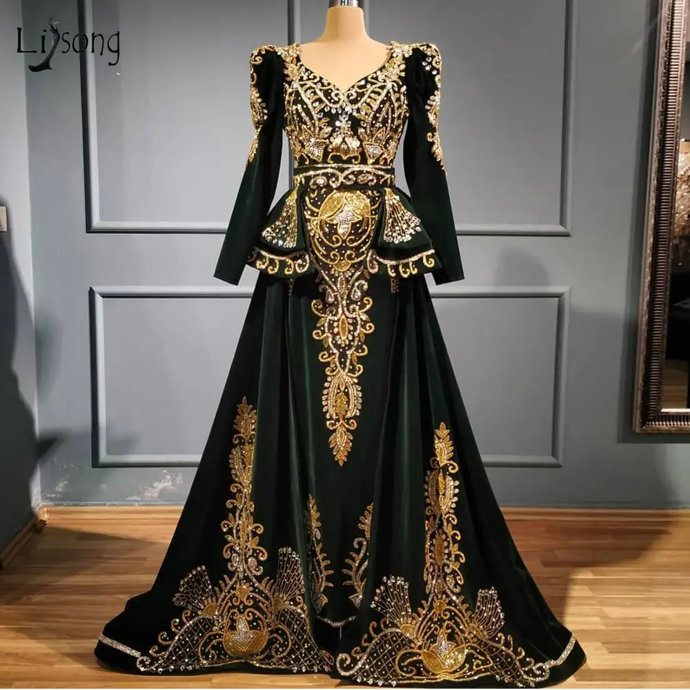 

2020 Elegant Dark Green Velour Evening Dresses With Detachable Train Sparkle Beaded Embroidery Formal Party Dress Vestidos