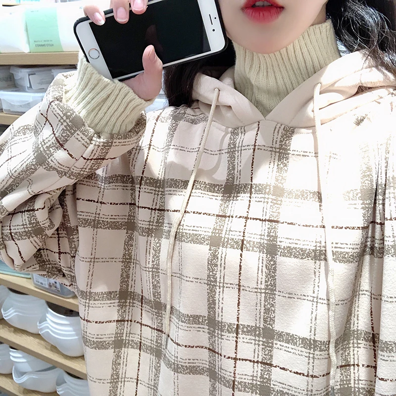 Harajuku флисовые кофты Женские клетчатые водолазки толстовки женские с длинным рукавом Повседневные Большие размеры пуловер с капюшоном одежда толстовка