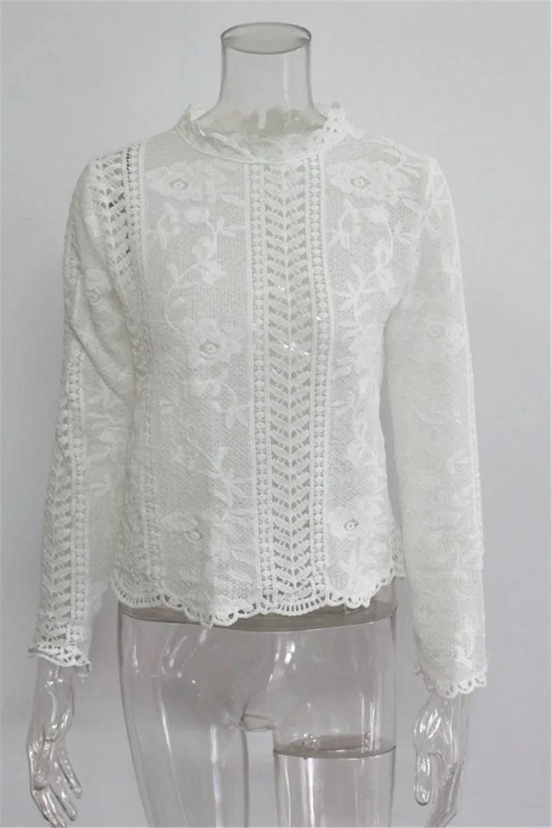 Женская кружевная блузка с воротником стойкой и длинным рукавом|blusas fashion|lace