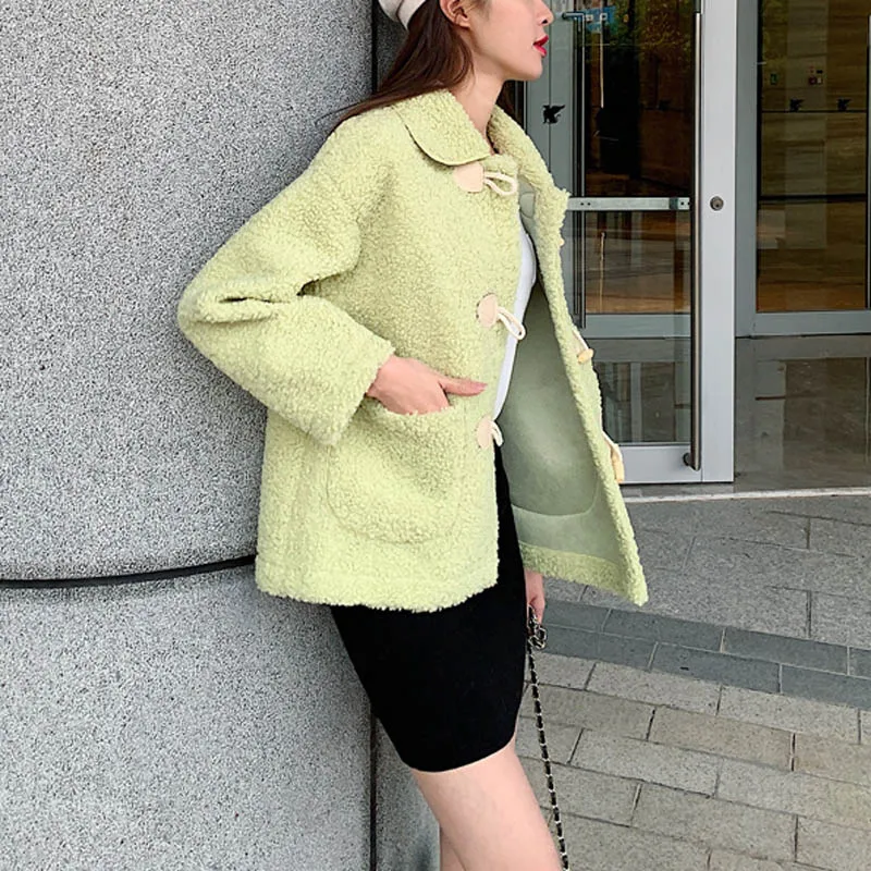 PERHAPS U Women White Green Faux Fur Jacket Coat Turn Down Collar Pocket Outwear Horn Button Warm Thick Ted Lamb Fur Solid C0252
