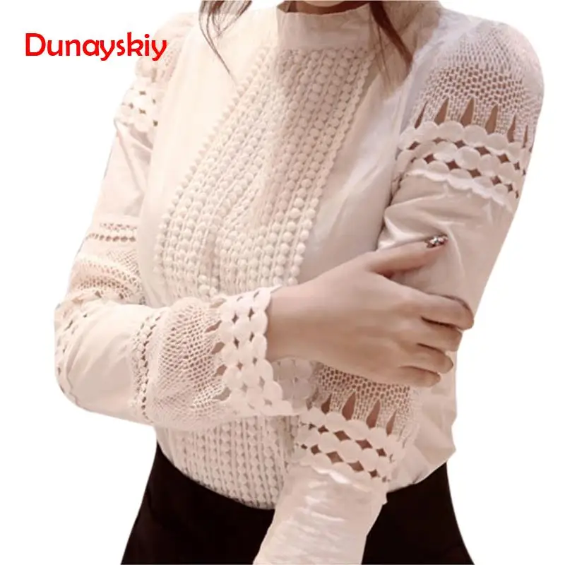 

New Women Blouses Slim Bottoming Long-sleeved White Shirt Lace Hook Flower Hollow Plus Size Long-sleeved White Shirt Blouses