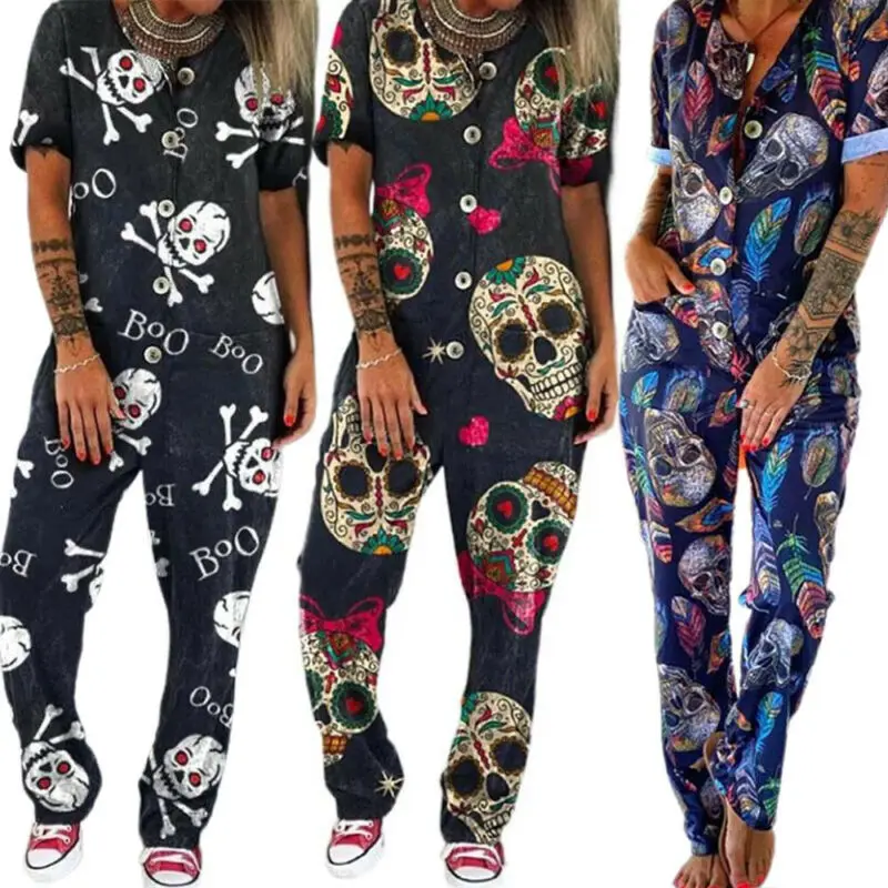 

Womens Hippie Skull Printed Jumpsuit Short Sleeve One Piece Playsuit Loungewear Jumpsuit Women