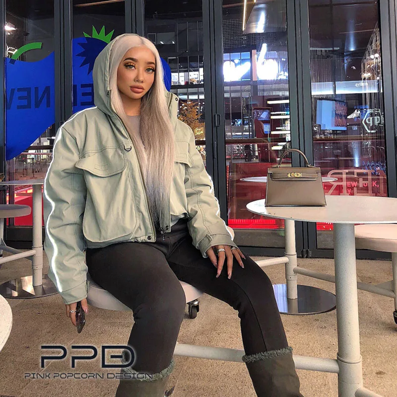 Street Big Pocket Tooling Reflective Strip Short Drawstring Wear Cotton Jacket Coat | Женская одежда