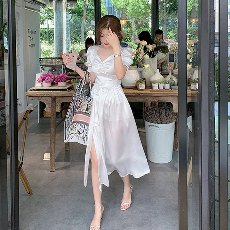 

Hilardwf Short Sleeve 2021 Fashion Women Sexy White Bodycon Open Fork Harajuku Ancient Ways Fairy Satin Women Summer Dresses
