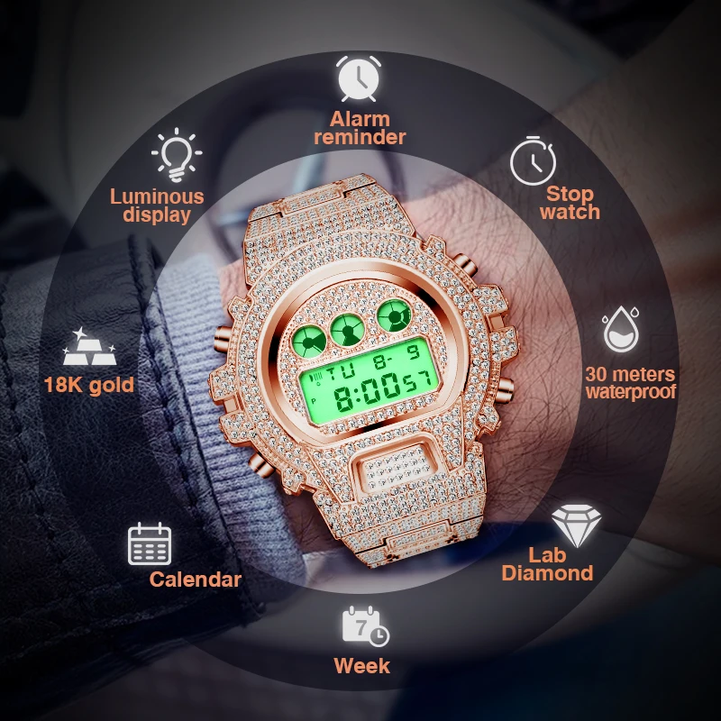 

Часы мужские MISSFOX Digital Seiko Move t Icd мужские, Роскошные наручные, с секундомером, с будильником, цвета розового золота, ААА