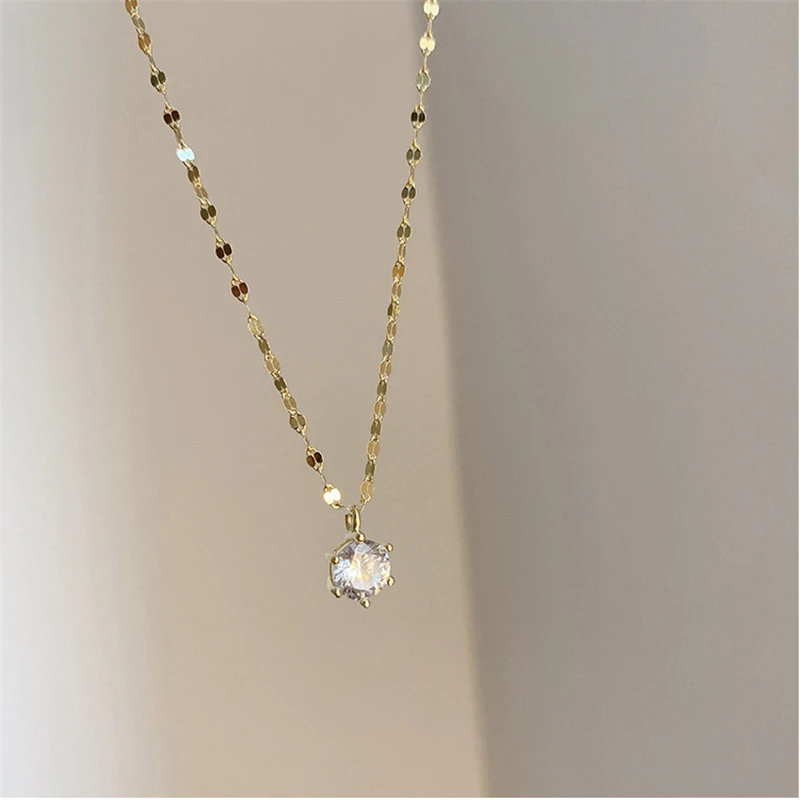 

Trendy 925 Sterling Silver Single Diamond Necklace Advanced Simple Shiny Zircon Pendant Female Clavicle Chain Party Jewelry