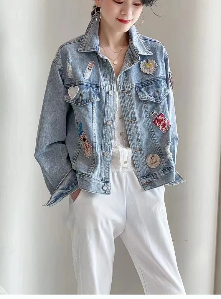 

Fashion new broken hole label design short casual denim jacket