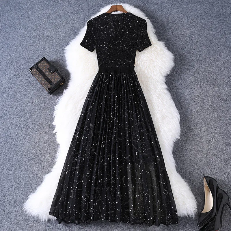 

Fashion Short Sleeve Dress Summer Womens Clothing 2020 New Lady Elegant Bow Collar Color Block Print Midi Pleated Dress Vintage