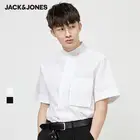 JackJones Для мужчин хлопок Однотонная одежда с воротником-стойкой прямого покроя с коротким рукавом рубашка  220204514