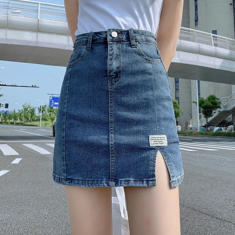 Женская джинсовая юбка с Боковым Разрезом летняя трапециевидная короткая