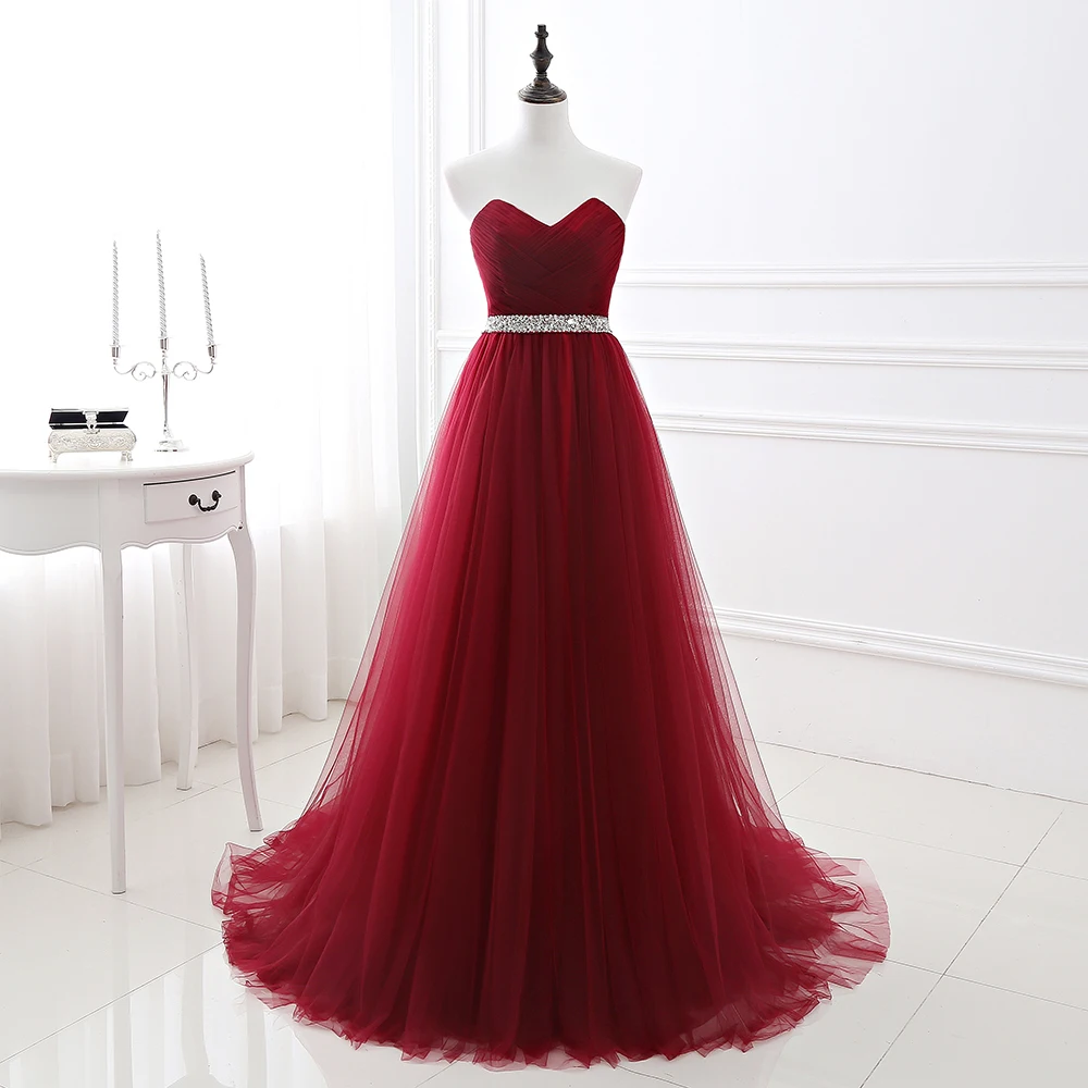 

Simple 2020 Women Wine Red Evening Dress Formal Tulle Dresses Sweetheart Neckline Sequin Beaded Prom Graduation Party Dress