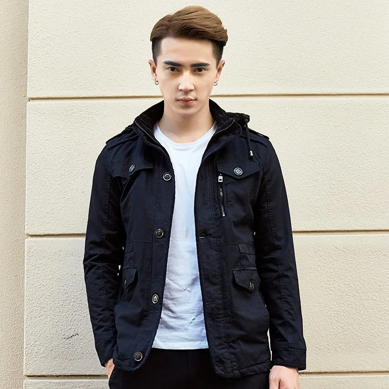 

Осенне-зимние мужские флисовые теплые куртки, пальто, Тренч, новое модное приталенное хлопковое пальто с капюшоном, 5 цветов, большие размер...