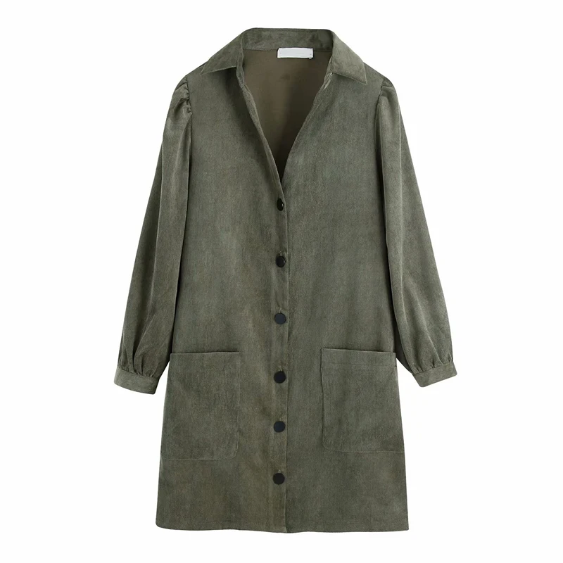 Женское вельветовое мини платье с карманами однотонное рубашка длинным рукавом