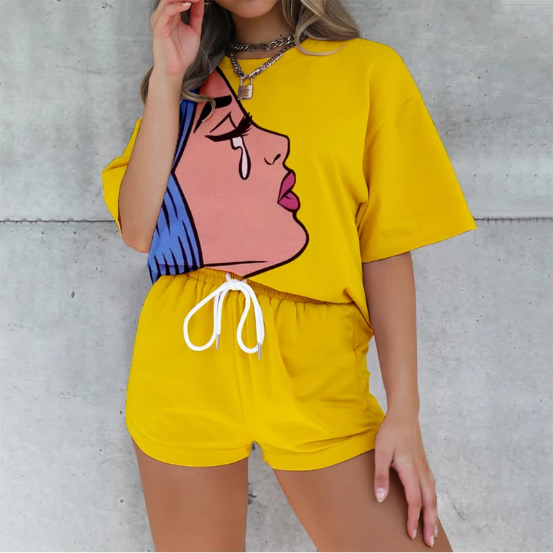 

Yellow Fashion Women Two-piece Suit Cartoon Pretty Girl Print Drawstring Casual Suit Short Sleeve and Wide Legged Pants Summer