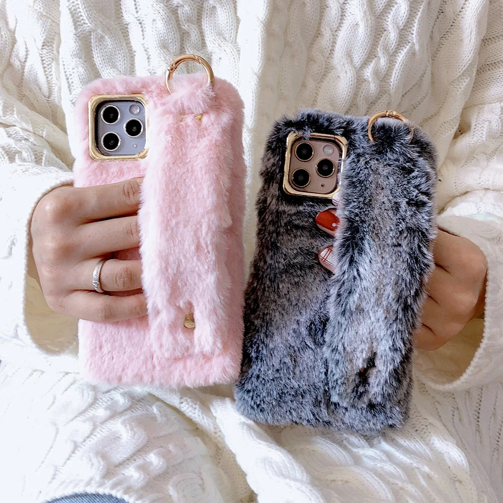 JONSNOW Леопардовый плюшевый чехол на запястье для iPhone 11 Pro X XR XS Max теплый зимний чехол для телефона для iPhone 7 8 6S 6 Plus чехол