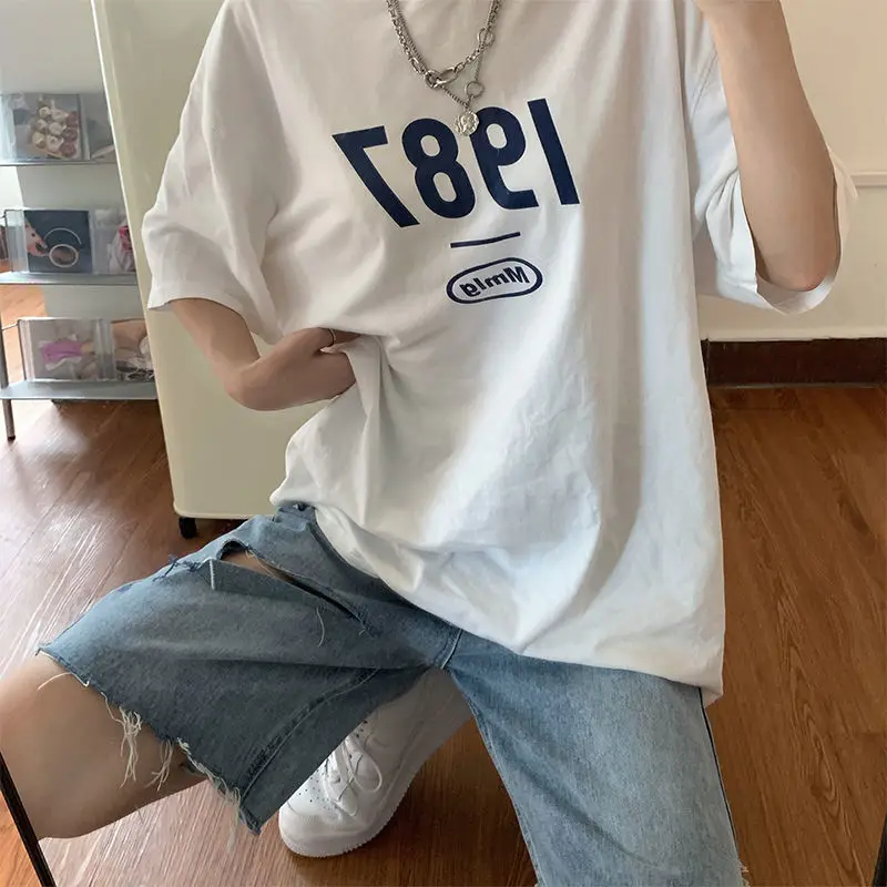 

Denim Capris women's summer new high waist slim hole straight pants net red loose wide leg shorts