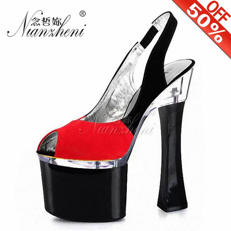 

18cm Super High heeled shoes Spool heels Thick platform Peep toe Patchwork 7 inches Buckle strap Big Size Exotic Dancer Sexy New