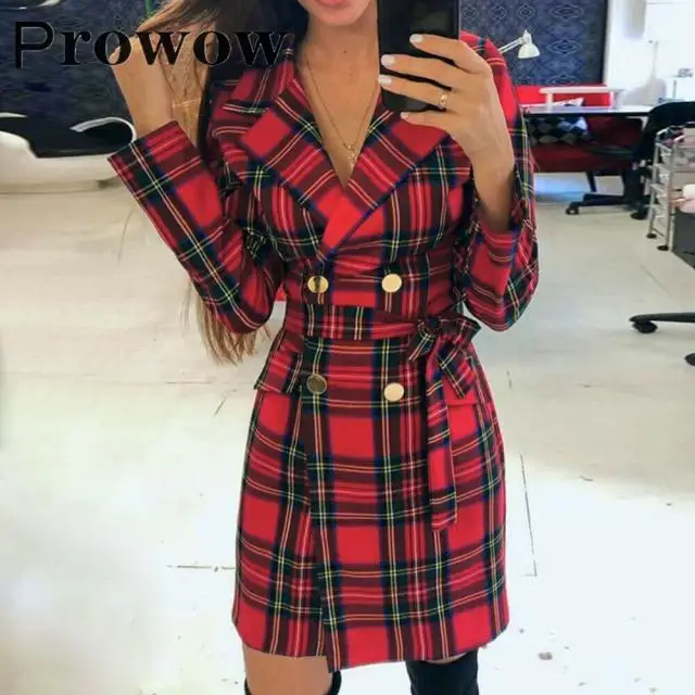 

Prowow Women Slim Plaid Dress Autumn Winter Female Casual Plus Size Tops Sashes Double Breasted Long Sleeve Suit Collar Dresses
