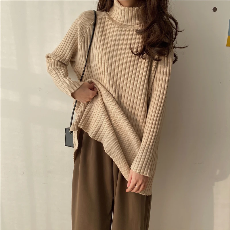 

Turtleneck Women Sweater Women Khaki Long Sleeve Pullover 2021 Autumn Winter Casual Pink Jumper Loose Sweaters Oversized